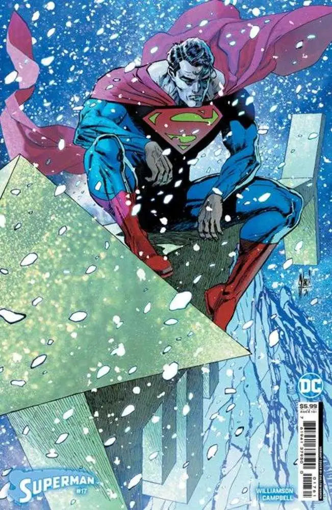 Superman in dynamic pose with flowing cape from Absolute Power Cover D Guillem March Card