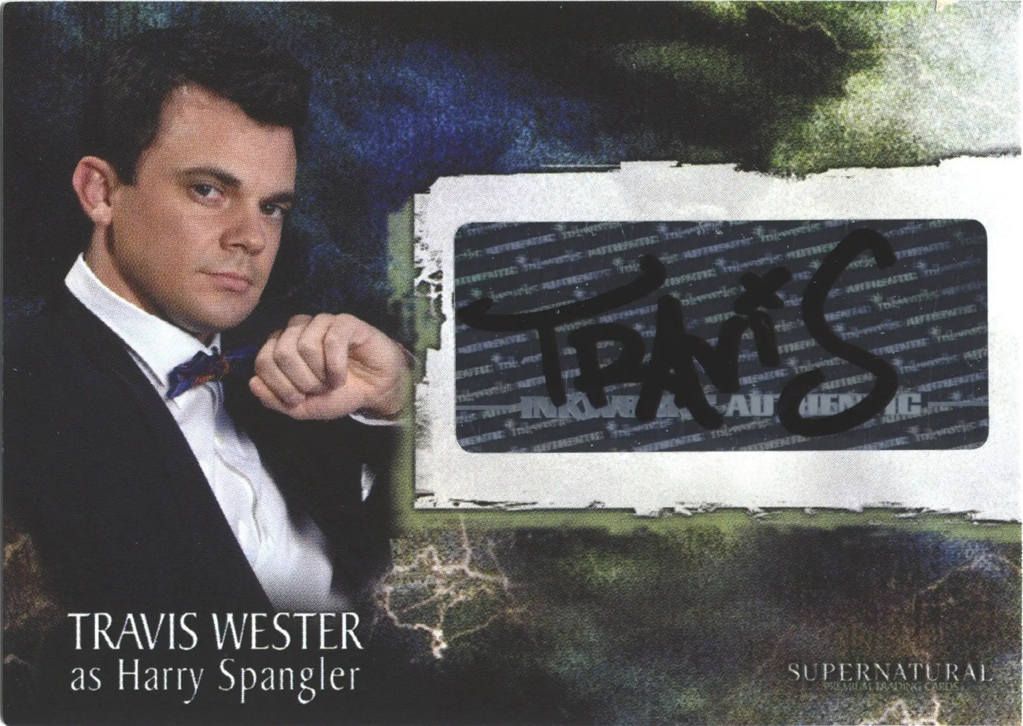 Autograph card featuring Travis Wester in a tuxedo from Supernatural Season 3 trading cards