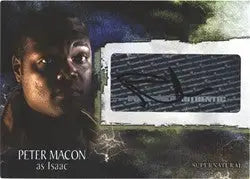 Autograph card featuring Peter Macon and a dark, shadowy trading card design