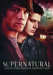 Promotional poster for Supernatural Season 3 on a collectible promo card featuring two intense men