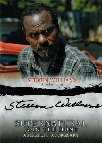 Autographed trading card of Steven Williams as Rufus in plaid shirt from Supernatural