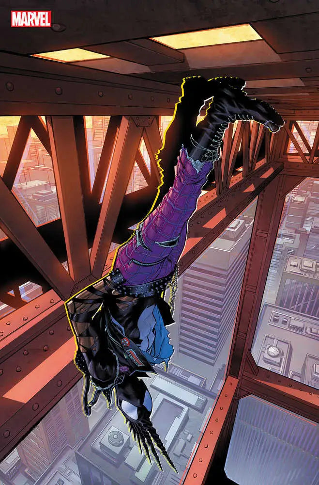 Dinosaur in urban clothing diving through structure on Symbiote Spider-Man 2099 #2 trading card