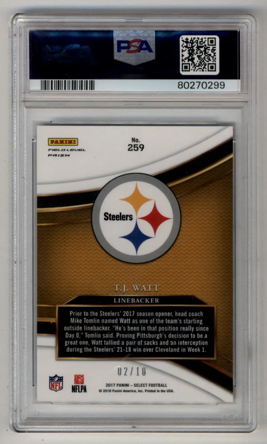 T.J Watt 2017 Panini Select Gold 02/10 PSA 10 Gem Mint - Football Card Single