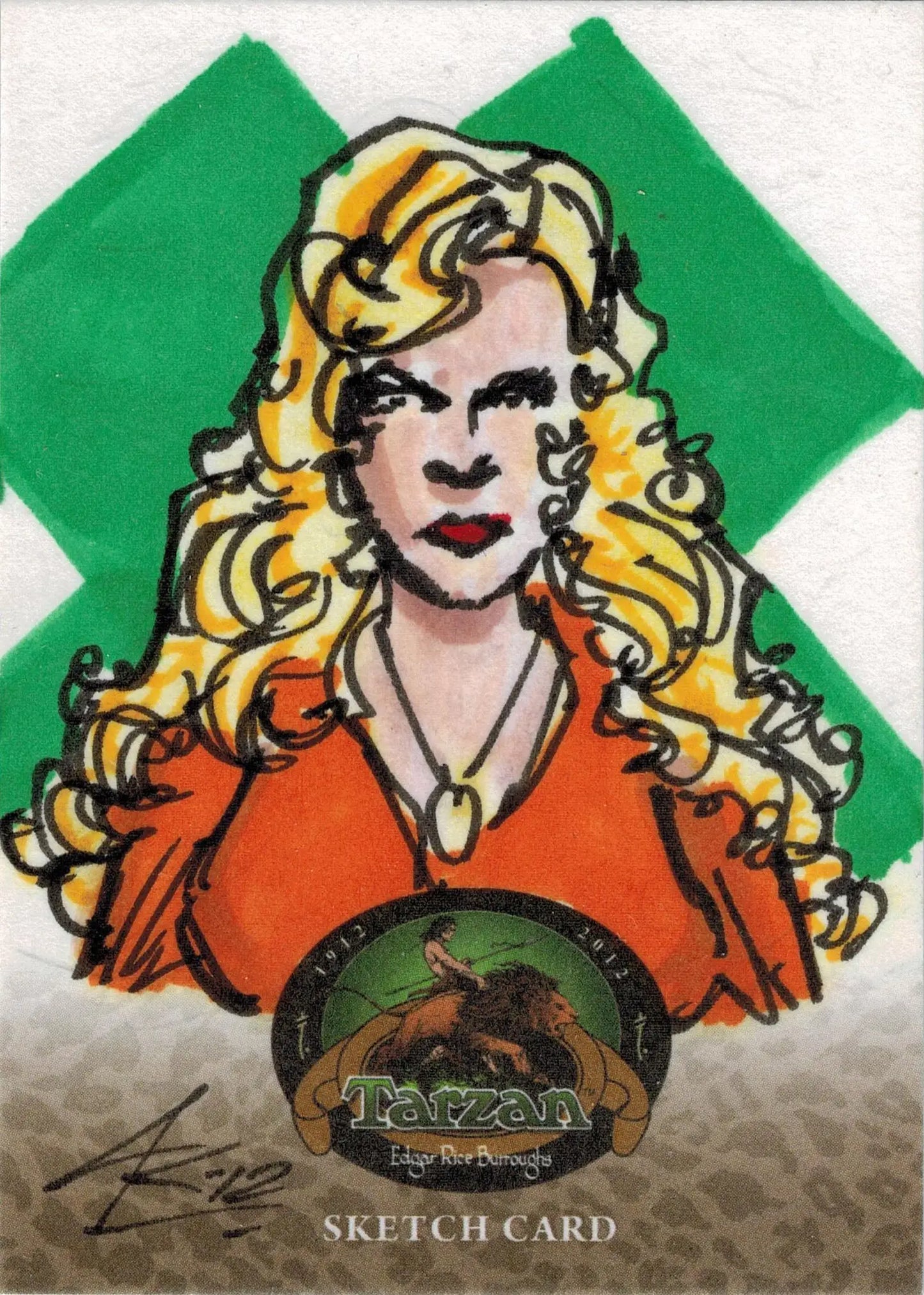 Sketch card portrait of a woman by Jason Roussel in orange top against green background