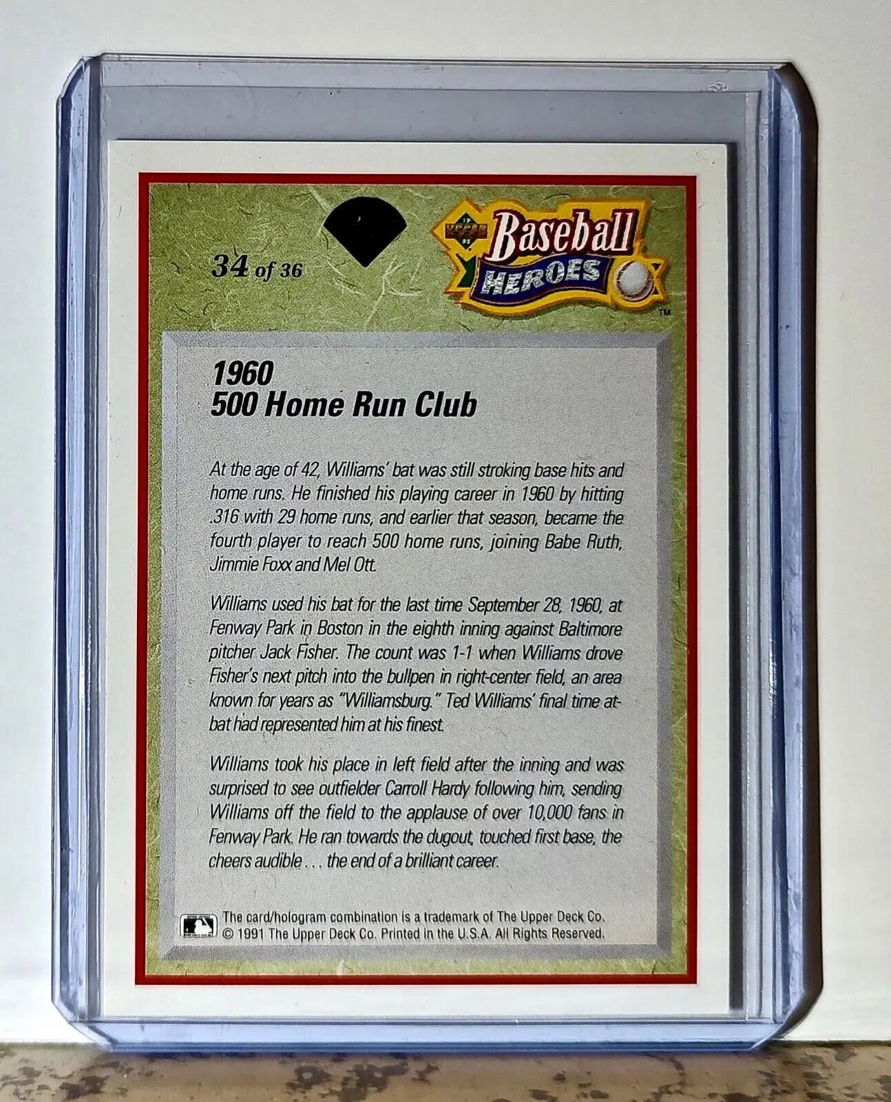 Ted Williams 1992 Upper Deck Baseball Heroes MLB #34 Card Boston Red Sox