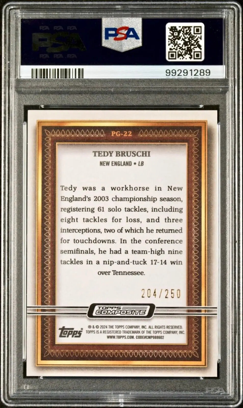 Tedy Bruschi 2023 Topps Portrait Gallery NFL #PG-22 Green 204/250 Card PSA 10 - Football Card Single