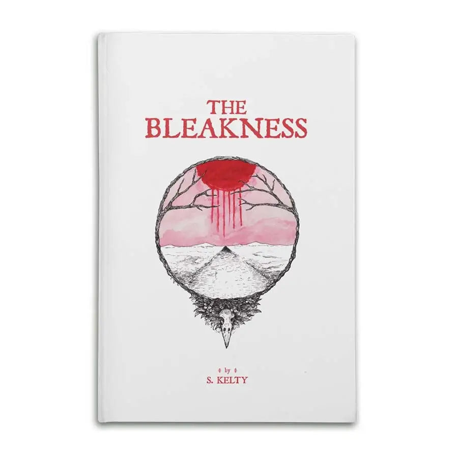 Book cover with surreal illustration for The Bleakness Role-Playing Game featuring gritty survival mechanics and immersive horror on an ancient road
