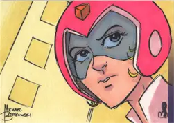 Stylized illustration of a person in a pink helmet featured in Michael Borkowski’s sketch card