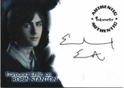 Black and white portrait of Edmund Entin with dark hair on The Seeker autograph card