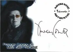 Black and white image of Frances Conroy in sunglasses for autograph card trading cards