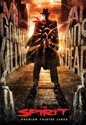 Silhouetted figure in cowboy hat and duster on The Spirit Movie promo card design