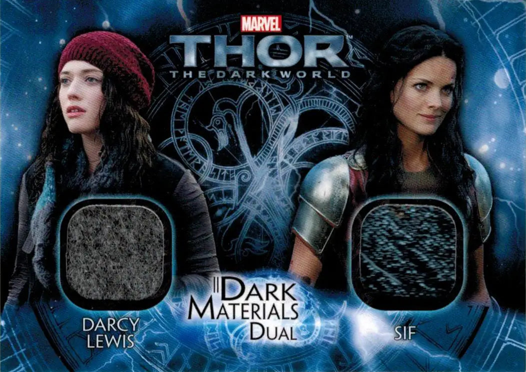 Costume memorabilia card with fabric swatches of Darcy Lewis and Sif from Thor: The Dark World