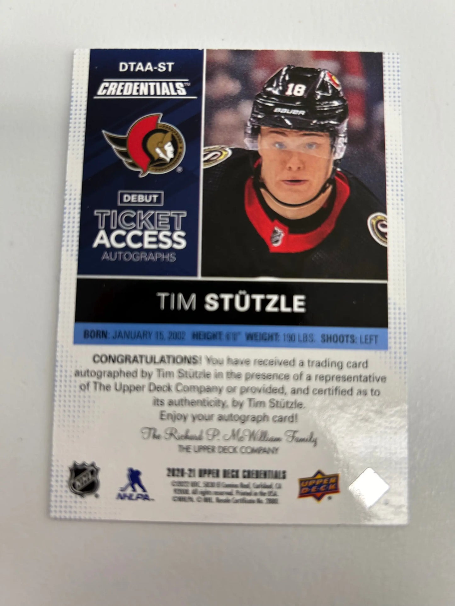 Tim Stützle Ottawa Senators NHL trading card Upper Deck Credentials Debut Ticket Auto