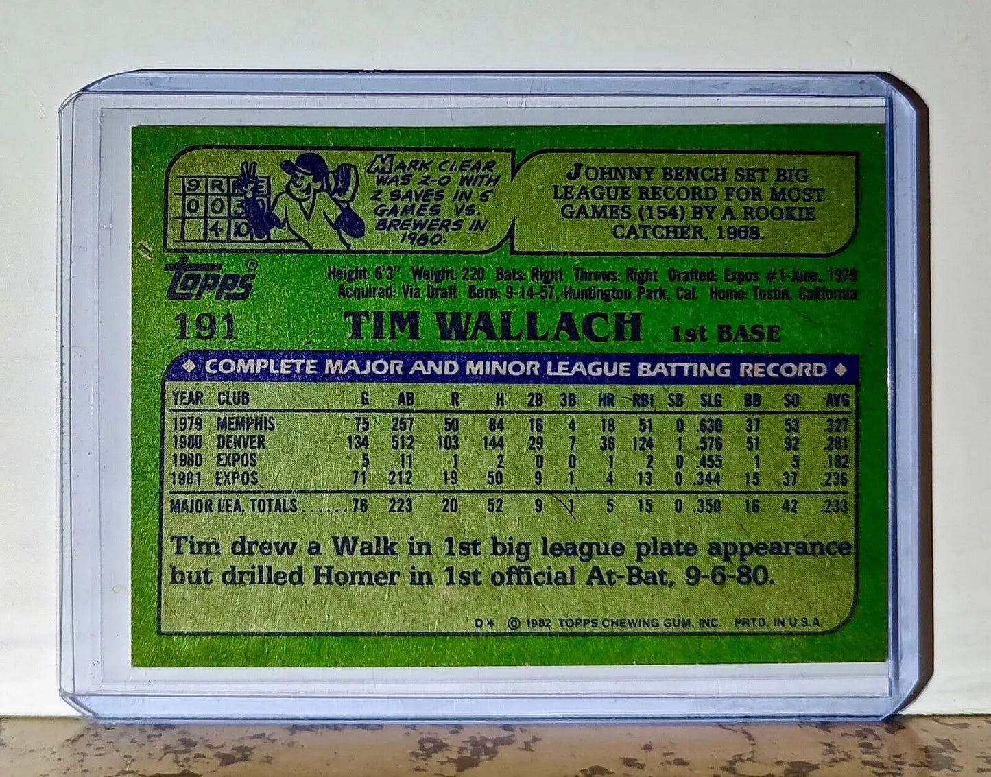 Tim Wallach 1982 Topps MLB #191 Baseball Card Montreal Expos