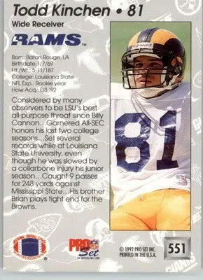 Todd Kinchen - 1992 Pro Set - #551 - RC Football - Football Card Single