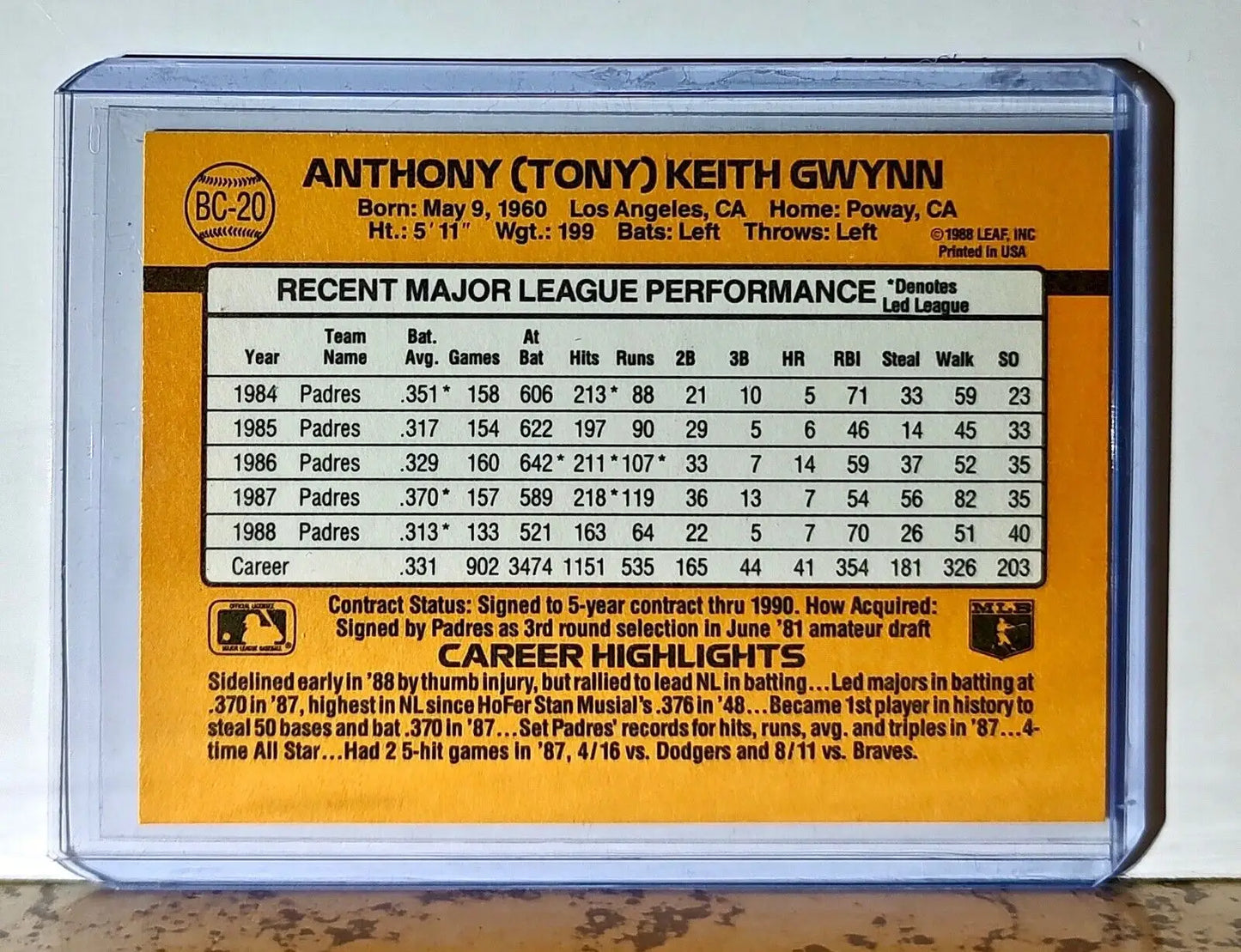 Tony Gwynn 1989 Donruss MVP MLB #BC-20 Baseball Card San Diego Padres