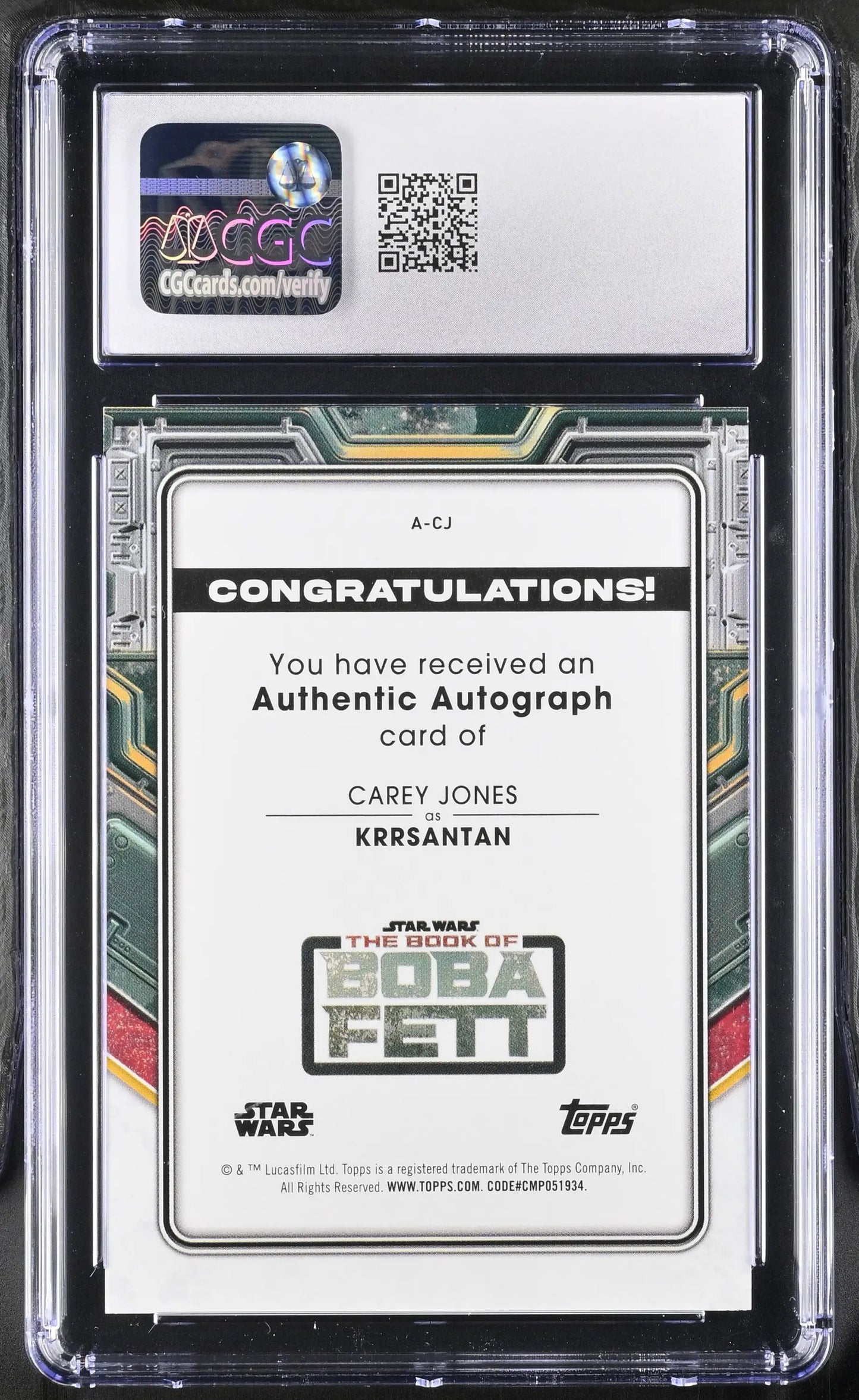 Graded Carey Jones Autograph Card from Topps 2022 in Gem Mint condition