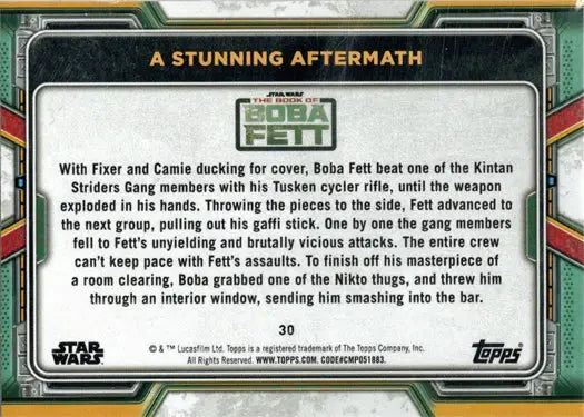 Trading card of Boba Fett in action from Topps 2022 Star Wars Purple Parallel set