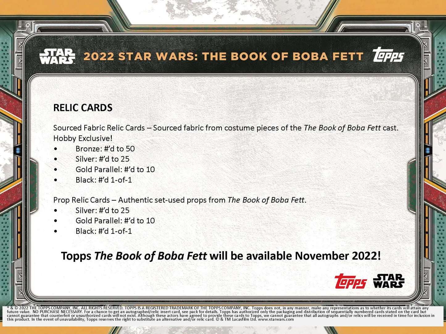 Information card showcasing relic cards from Star Wars Boba Fett trading cards series