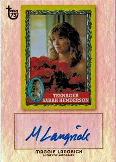 Autograph card of Maggie Langrick in a vibrant red and black trading card design