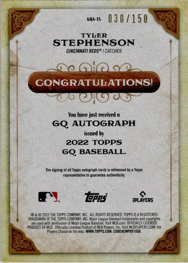 Baseball card with congratulatory message and blue border for Tyler Stephenson auto