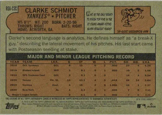 Clarke Schmidt autograph card from Topps Heritage 2021 baseball cards collection