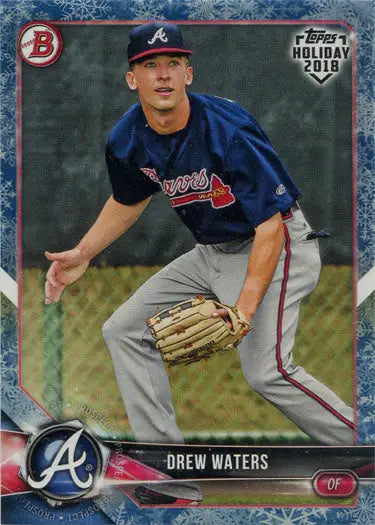 Atlanta Braves player in pitching stance on Topps Holiday snow parallel baseball card