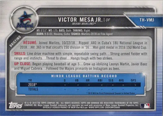 Autograph card of Victor Mesa Jr. from Topps Holiday Bowman trading cards 2019