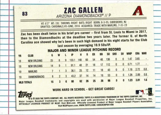 Base card of Zac Gallen from Arizona Diamondbacks Topps trading cards 2020