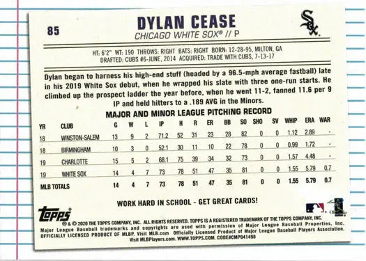 Topps Of The Class Baseball 2020 Base Card featuring Dylan Cease player statistics
