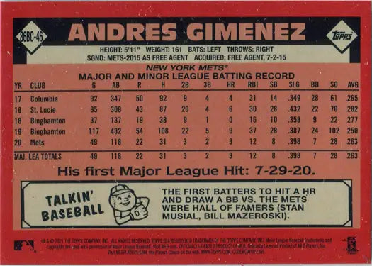 Topps Series One Baseball 2021 Chrome Silver Card 86BC-46 Andres Gimenez - Baseball Card Single
