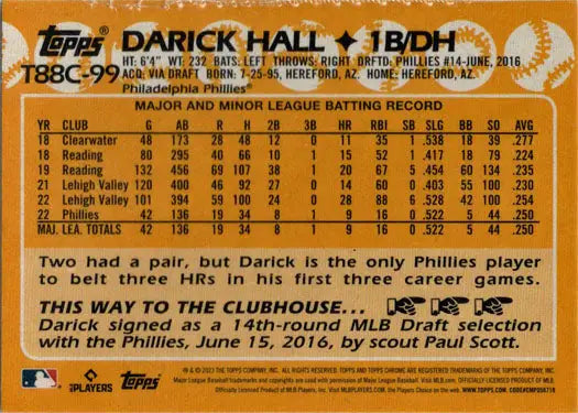 Baseball card for Darick Hall with player stats from Topps Series One Chrome Silver Card
