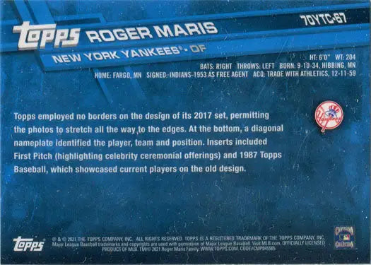 Back of Roger Maris baseball card from Topps Series Two 2021 Chrome 70YTC-67