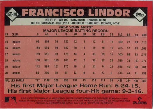 Baseball trading card of Francisco Lindor showcasing statistics on a Chrome Silver Card