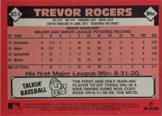 Baseball card showcasing Trevor Rogers statistics from Topps Series Two Chrome Silver Card