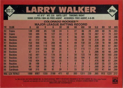 Larry Walker Topps Series Two Chrome Silver Card showcasing career statistics and info