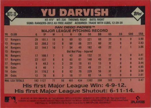Yu Darvish Major League statistics on Topps Series Two Chrome Silver Card 2021