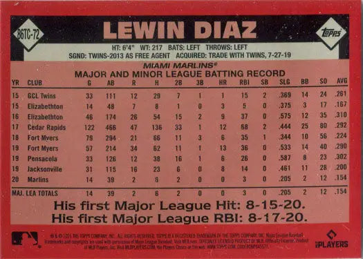 Lewin Diaz Topps Series Two Chrome Silver Card 86TC-72 featuring player stats
