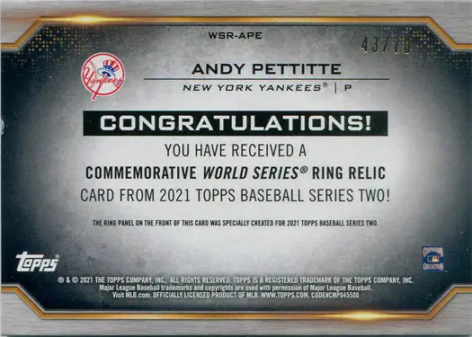 Topps Series Two Baseball 2021 World Series Ring Relic Card congratulating recipient