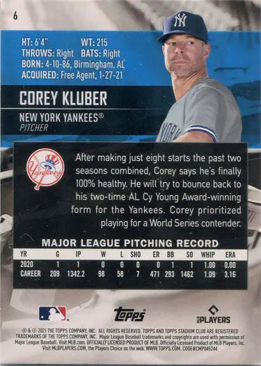 New York Yankees pitcher Corey Kluber on Topps Stadium Club Red Foil Parallel Card
