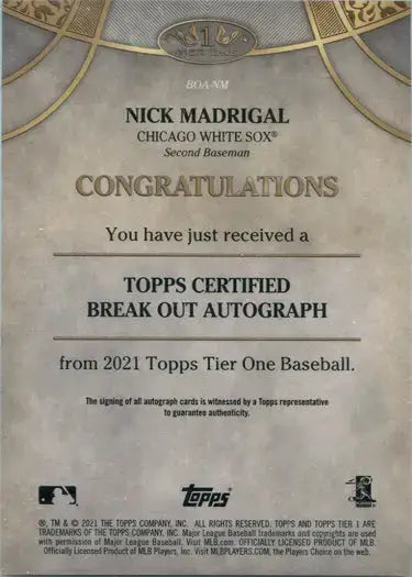 Topps Tier One Baseball 2021 Break Out Auto Card BOA-NM Nick Madrigal 188/200 - Baseball Card Single
