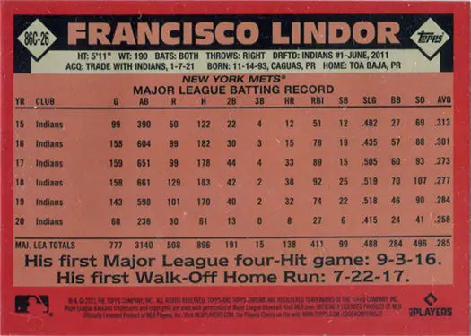 Baseball card showcasing Francisco Lindor’s batting record on a Topps chrome silver card