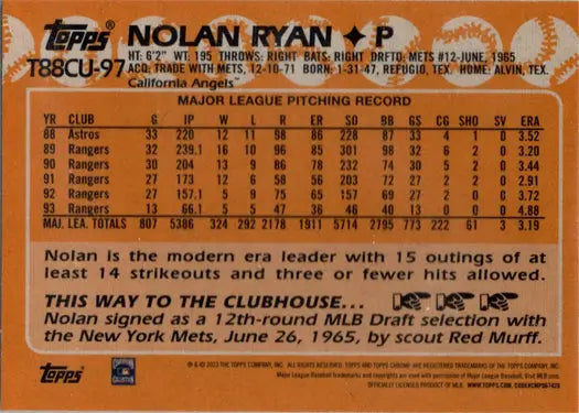 Back side of a 1988 Topps Chrome Silver Card showing Nolan Ryan’s stats and biography