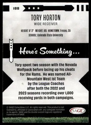 Tory Horton 2025 SAGE HIT Purple #188 Colorado State Rams - Football Card Single