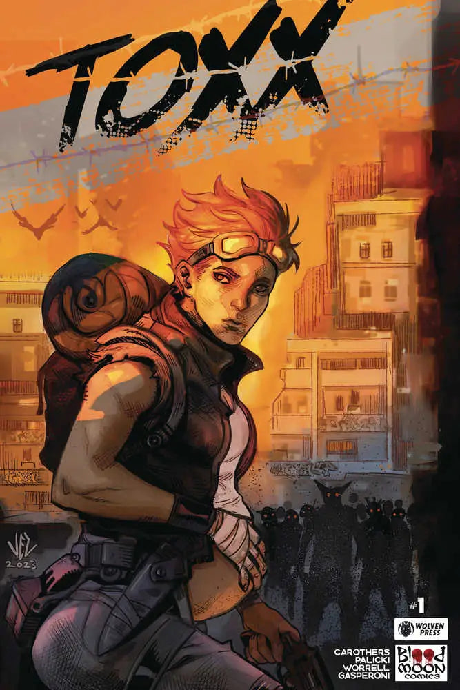 Comic book cover artwork of Toxx #1 featuring a character in tactical gear against orange sky