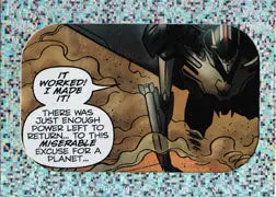 Comic panel card featuring a character discussing a planet’s destruction in Transformers