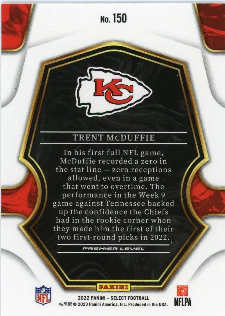 Trent McDuffie Rookie 2022 Panini Select Premier 150 Kansas City Chiefs Football - Football Card Single