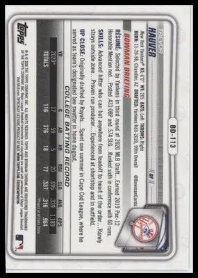 Trevor Hauver 2020 Bowman Draft Chrome #BD-113 New York Yankees - Baseball Card Single