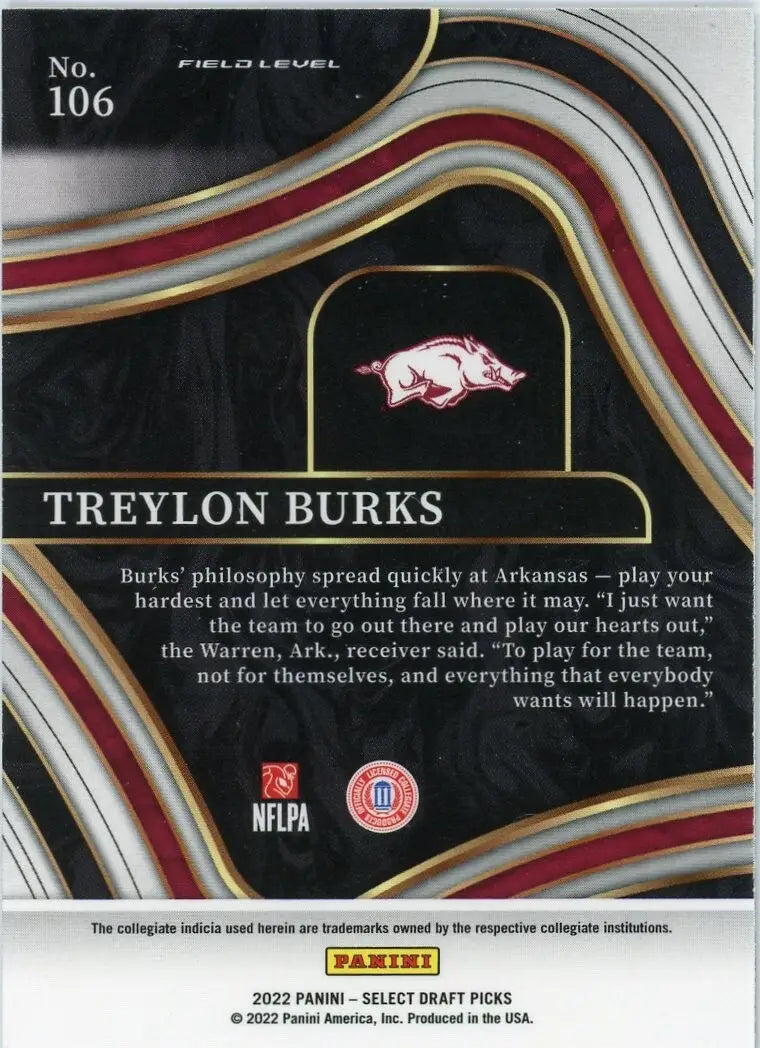 Treylon Burks Rookie 2022 Panini Select Draft Picks Field 79 Arkansas Razorbacks - Football Card Single