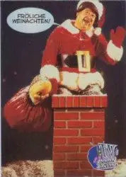 Santa Claus figure climbing down a chimney with Froliche Weihnachten on Coolest Classics promo card